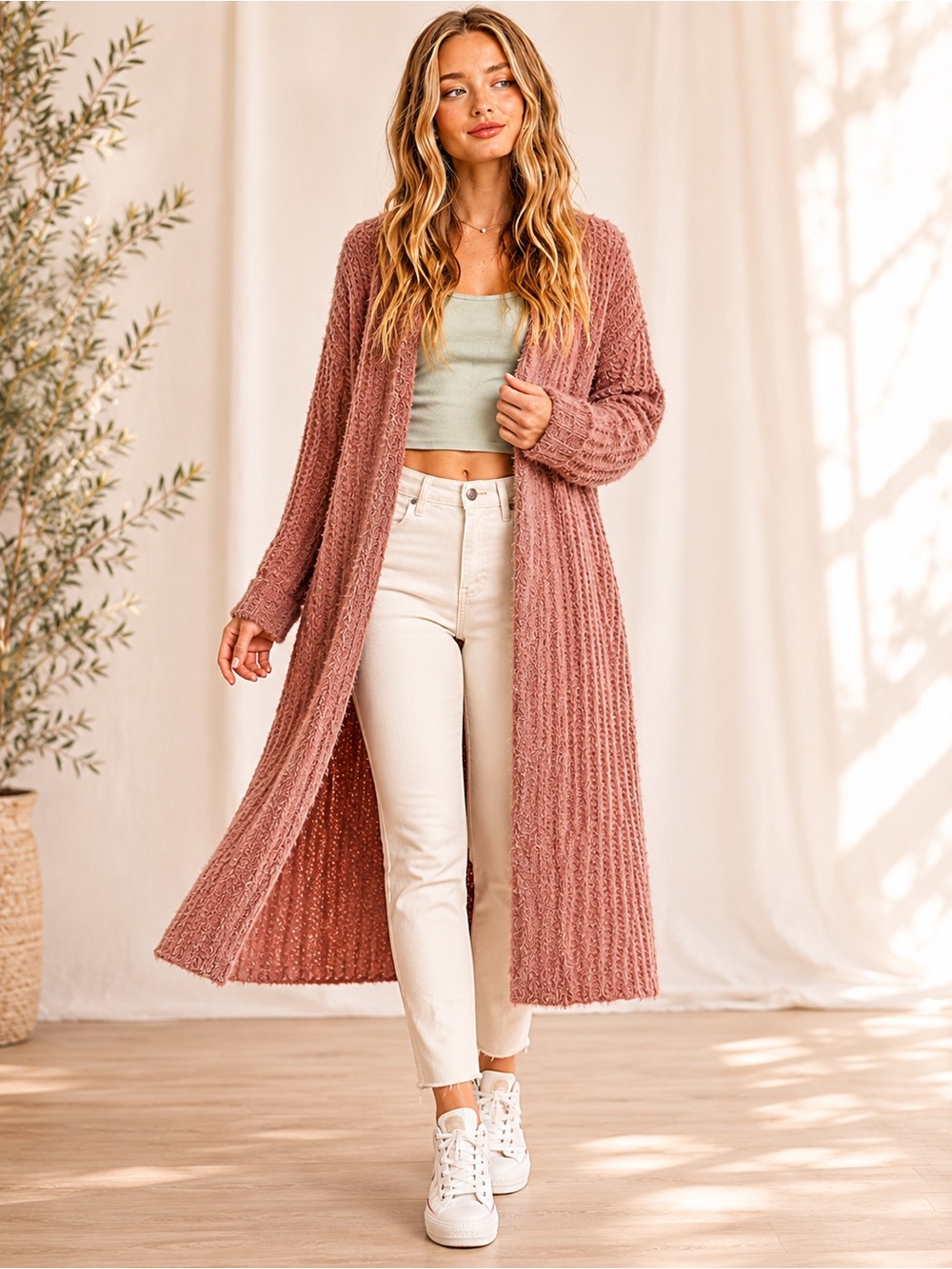 In Loom Dusty Rose Duster Cardigan M/L NWT Long Open Front Oversized Knit